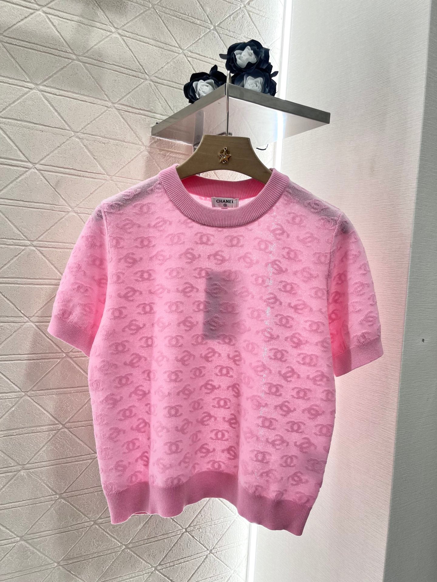 25SS Micro transparent jacquard knitted short sleeved shirt