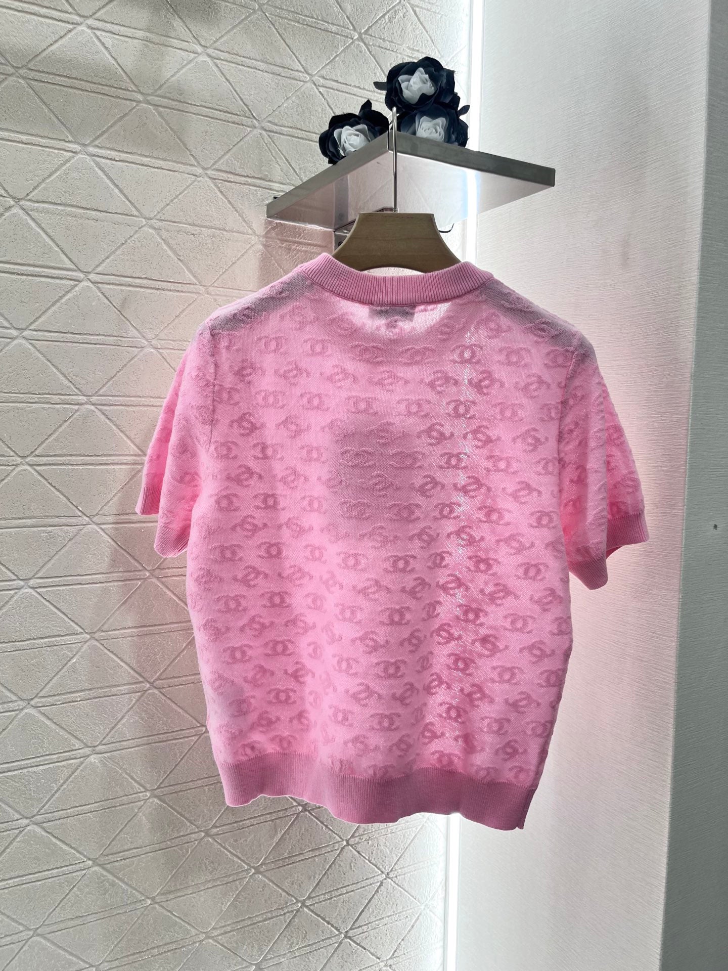 25SS Micro transparent jacquard knitted short sleeved shirt