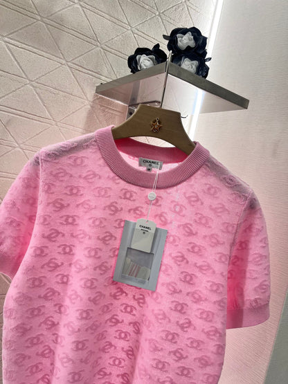 25SS Micro transparent jacquard knitted short sleeved shirt
