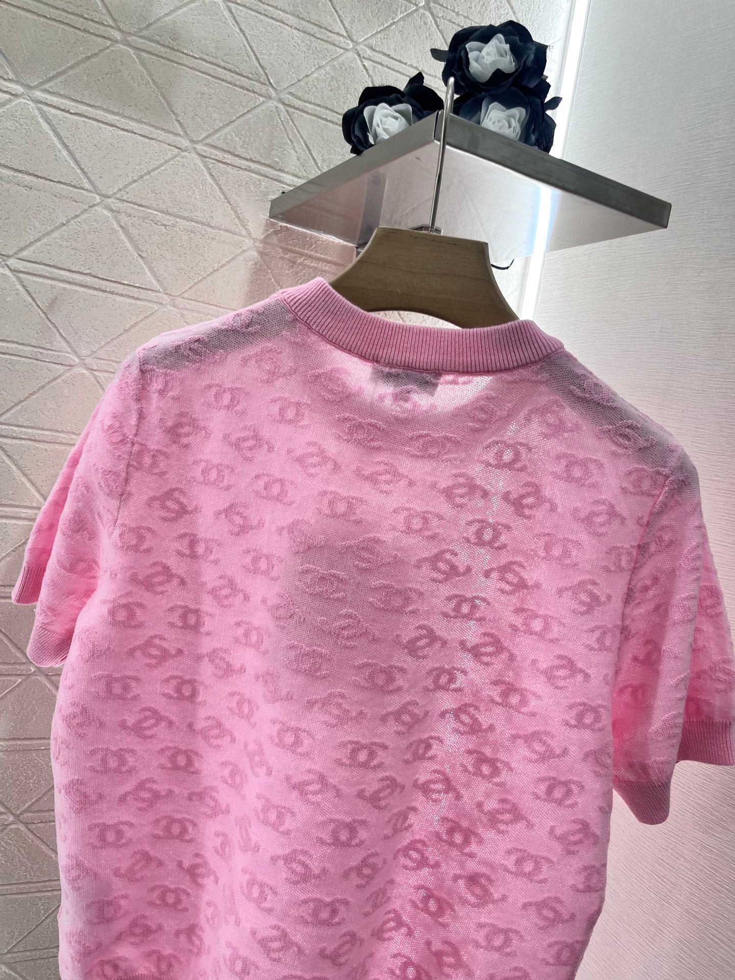 25SS Micro transparent jacquard knitted short sleeved shirt