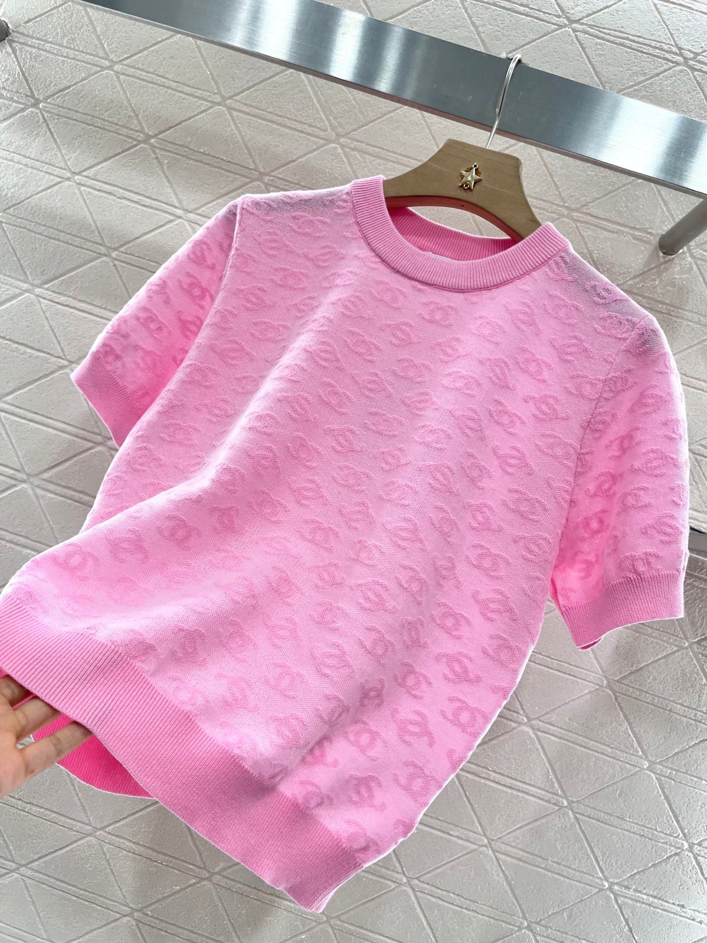 25SS Micro transparent jacquard knitted short sleeved shirt