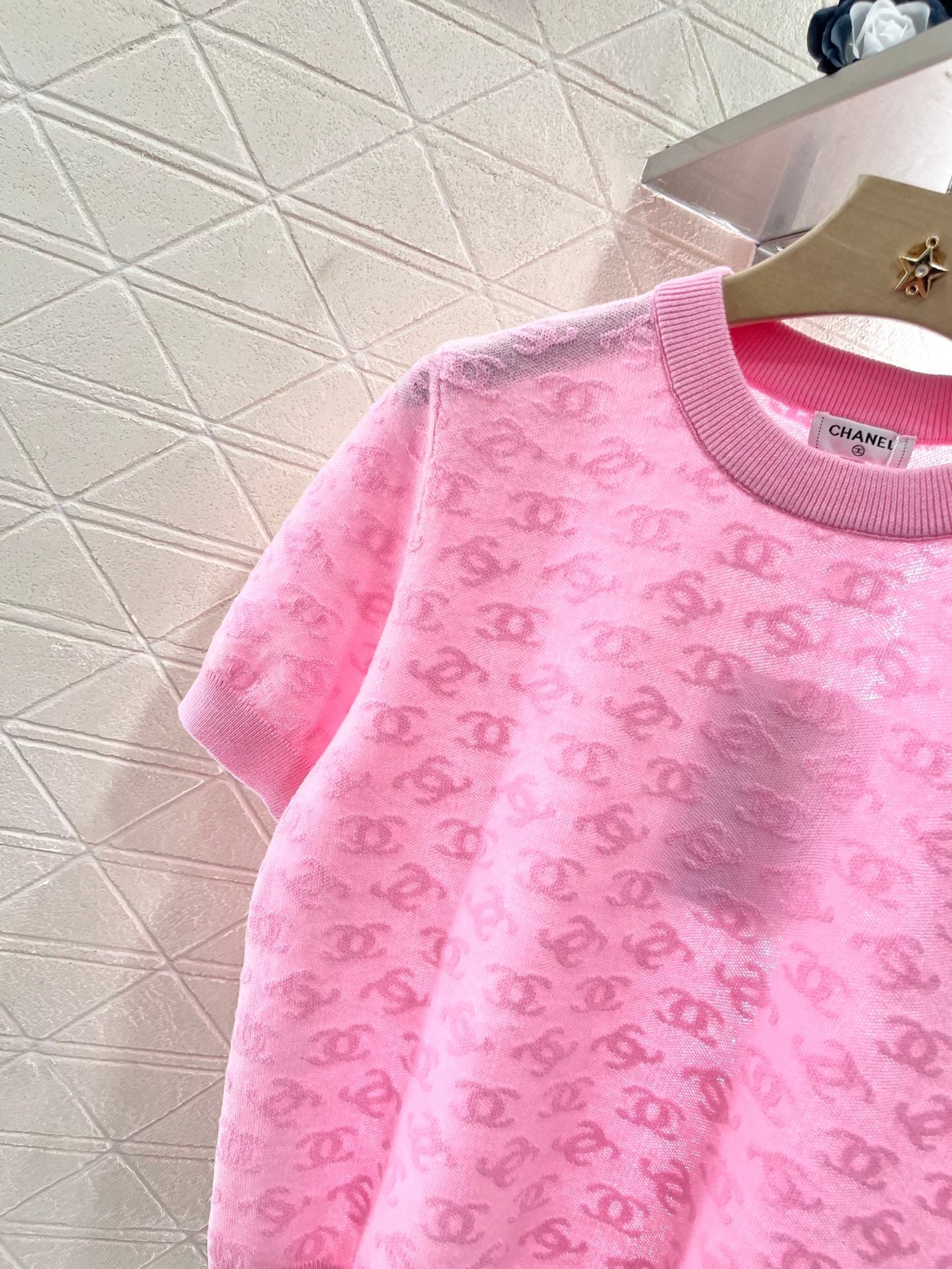 25SS Micro transparent jacquard knitted short sleeved shirt