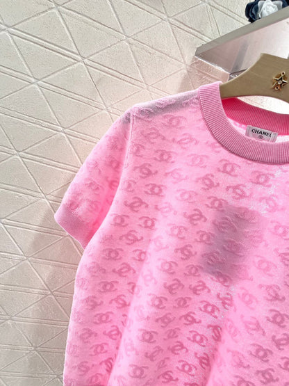25SS Micro transparent jacquard knitted short sleeved shirt