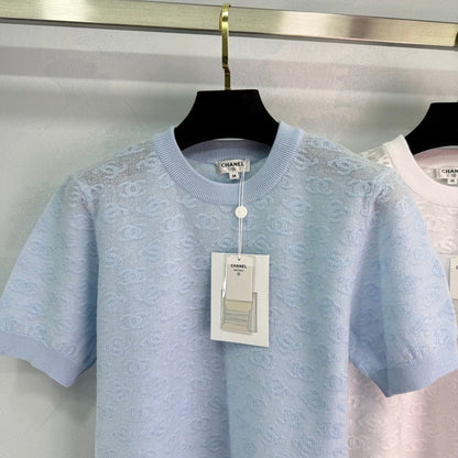 25SS Micro transparent jacquard knitted short sleeved shirt
