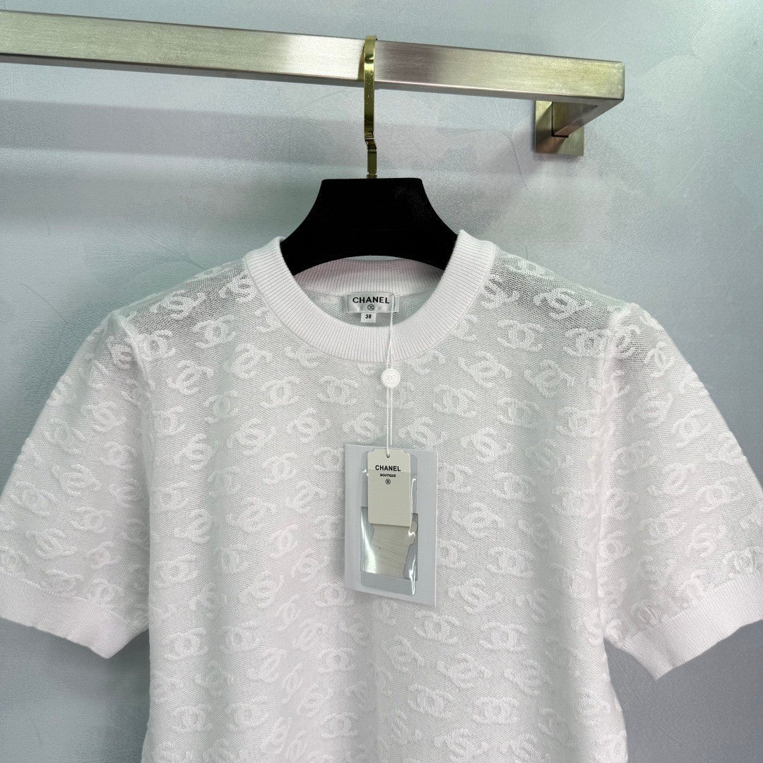 25SS Micro transparent jacquard knitted short sleeved shirt