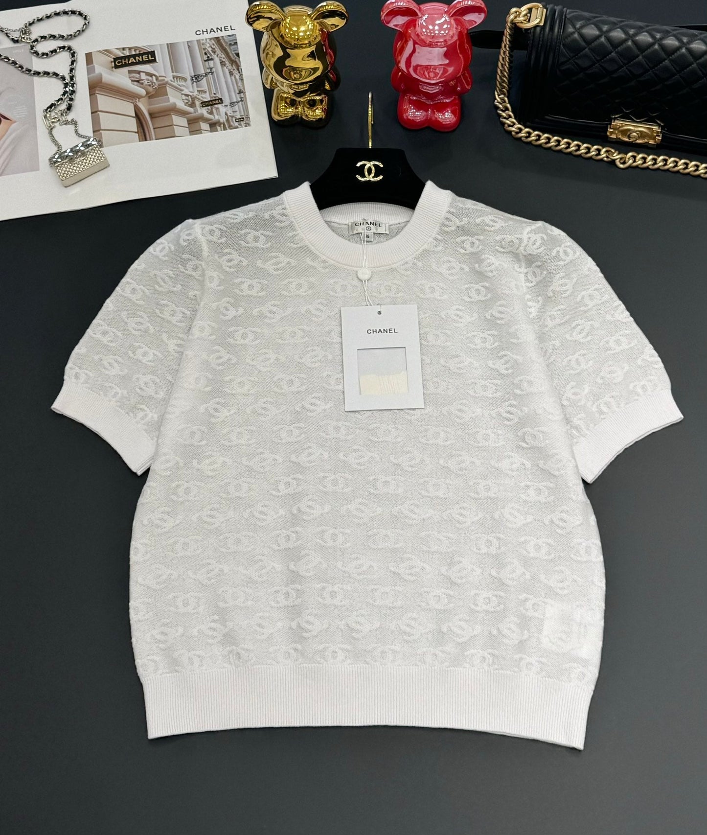 25SS Micro transparent jacquard knitted short sleeved shirt