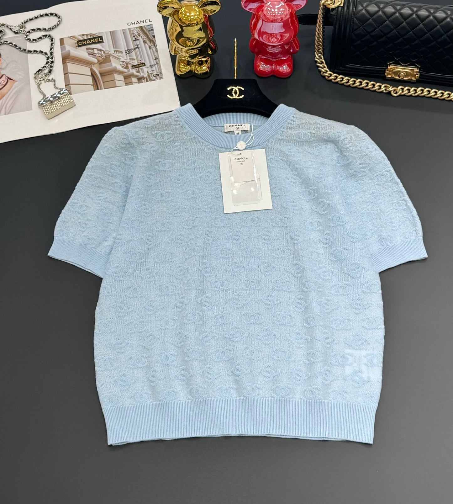 25SS Micro transparent jacquard knitted short sleeved shirt
