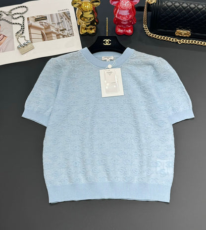 25SS Micro transparent jacquard knitted short sleeved shirt