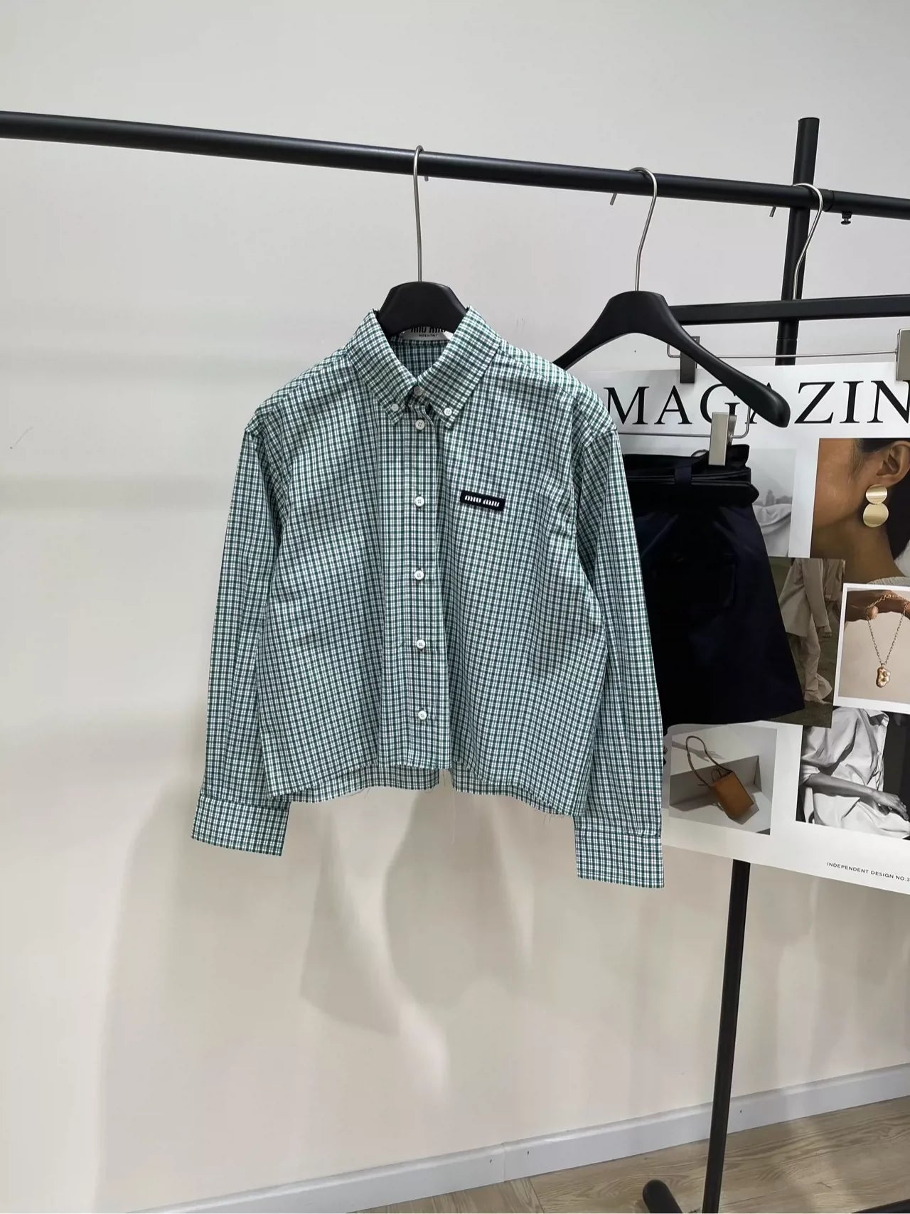 M 25 Green Check Raw Edge Long Sleeve Shirt（Does not include shorts）