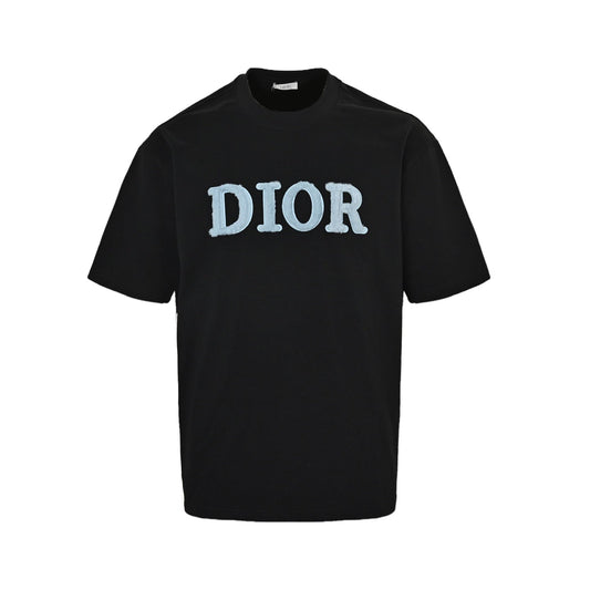 25ss Blue velvet letter embroidered short sleeved shirt
